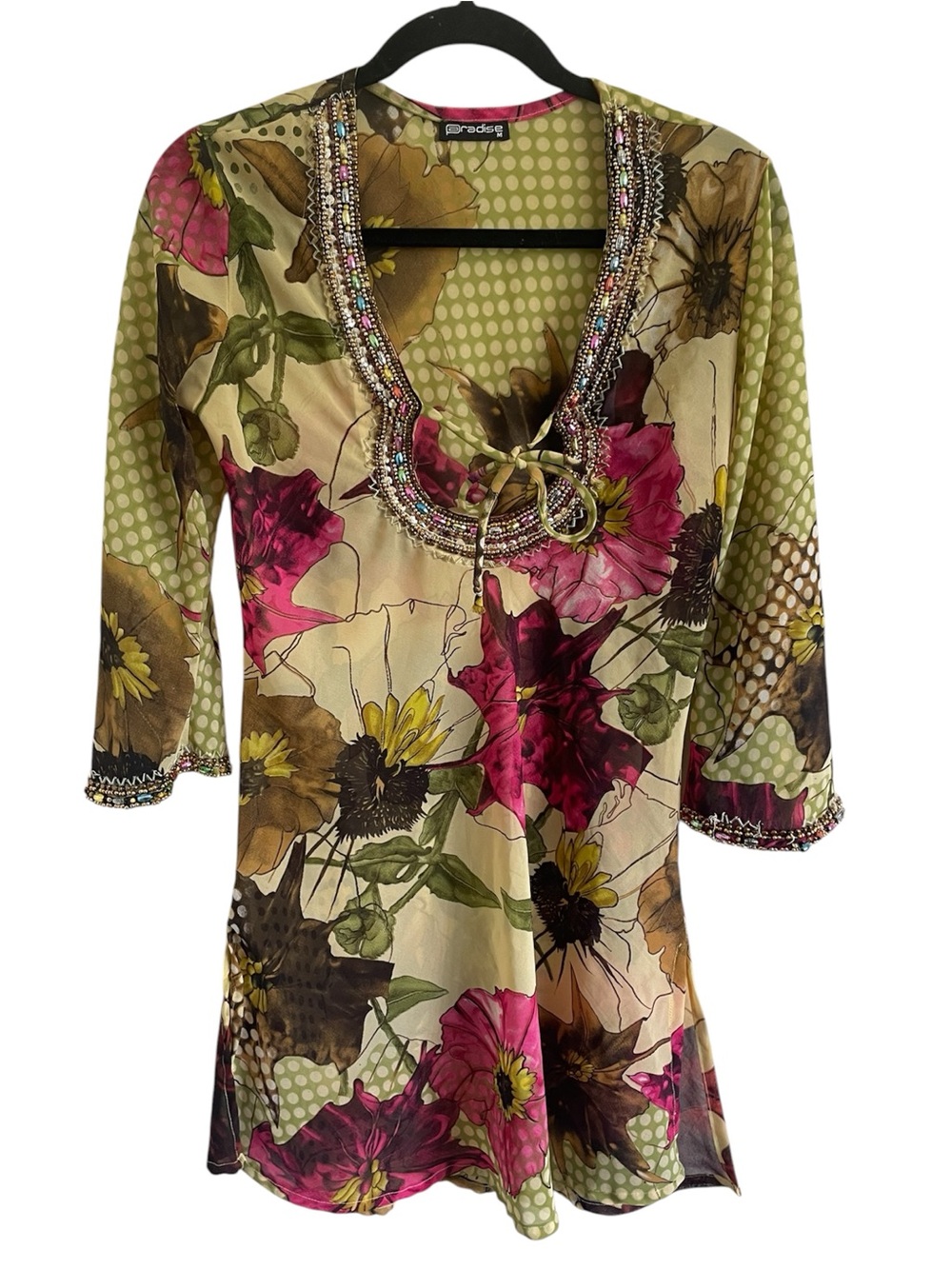 Paradise Y2K Beaded Swoop Neck Floral Sheer Tunic Top in Olive and Fuchsia